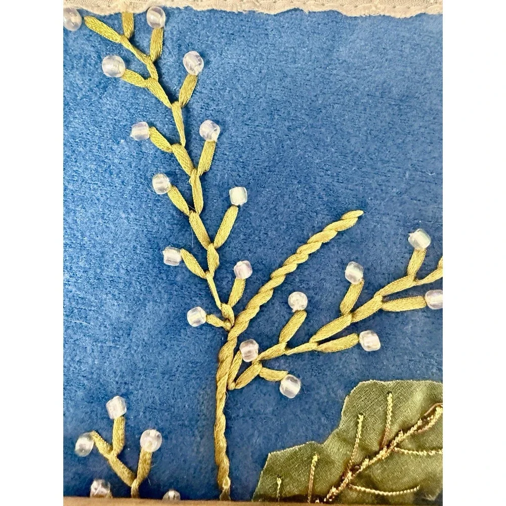 Vtg 3-Piece Bathroom Set Ribbon Embroidery Floral Ruffles Teal Blue Grannycore